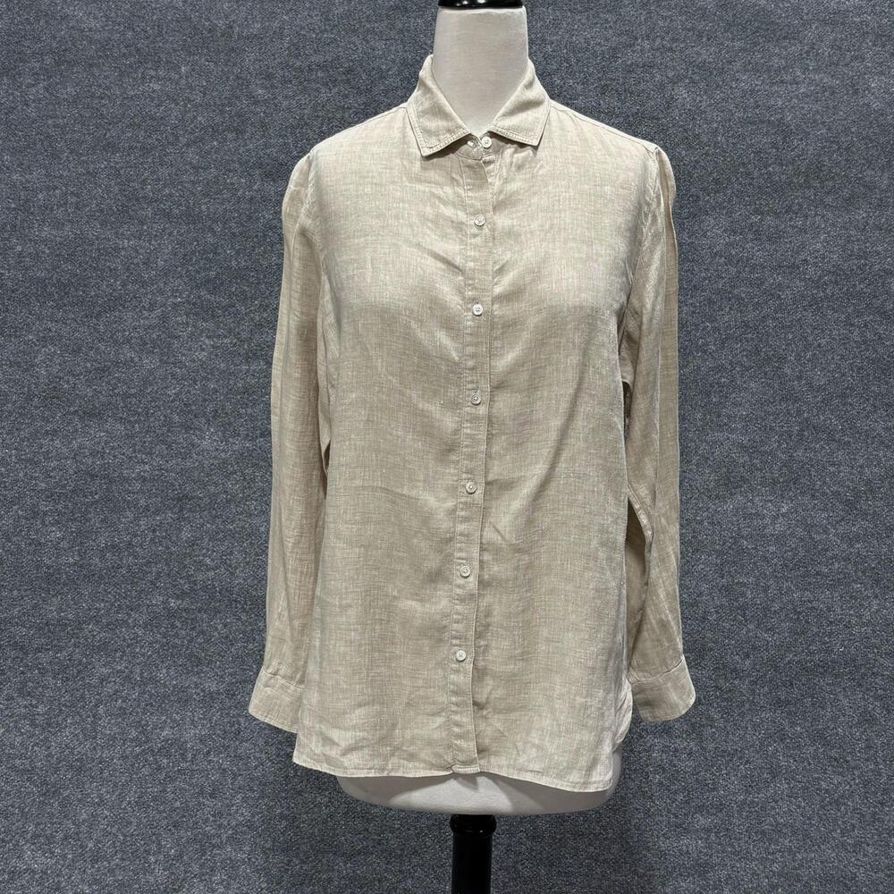 J McLaughlin Shirt Womens Medium Beige Linen Button Front Long Sleeve Top